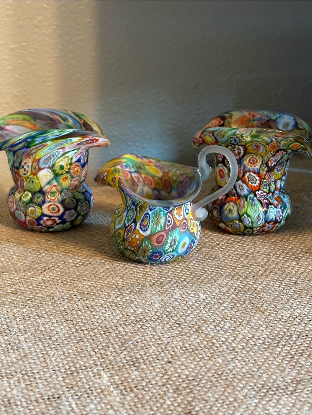 Millefori glass creaner and pitchers, vintage italian like multi colored